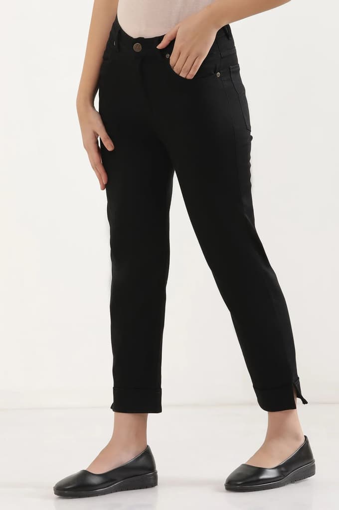 Black Solid Straight Fit Denim Pants With Side Slit — photo 3