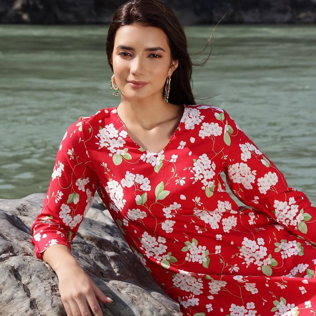 Red Floral Printed Beaded Rayon Straight Kurta and Pants Co-ord Set