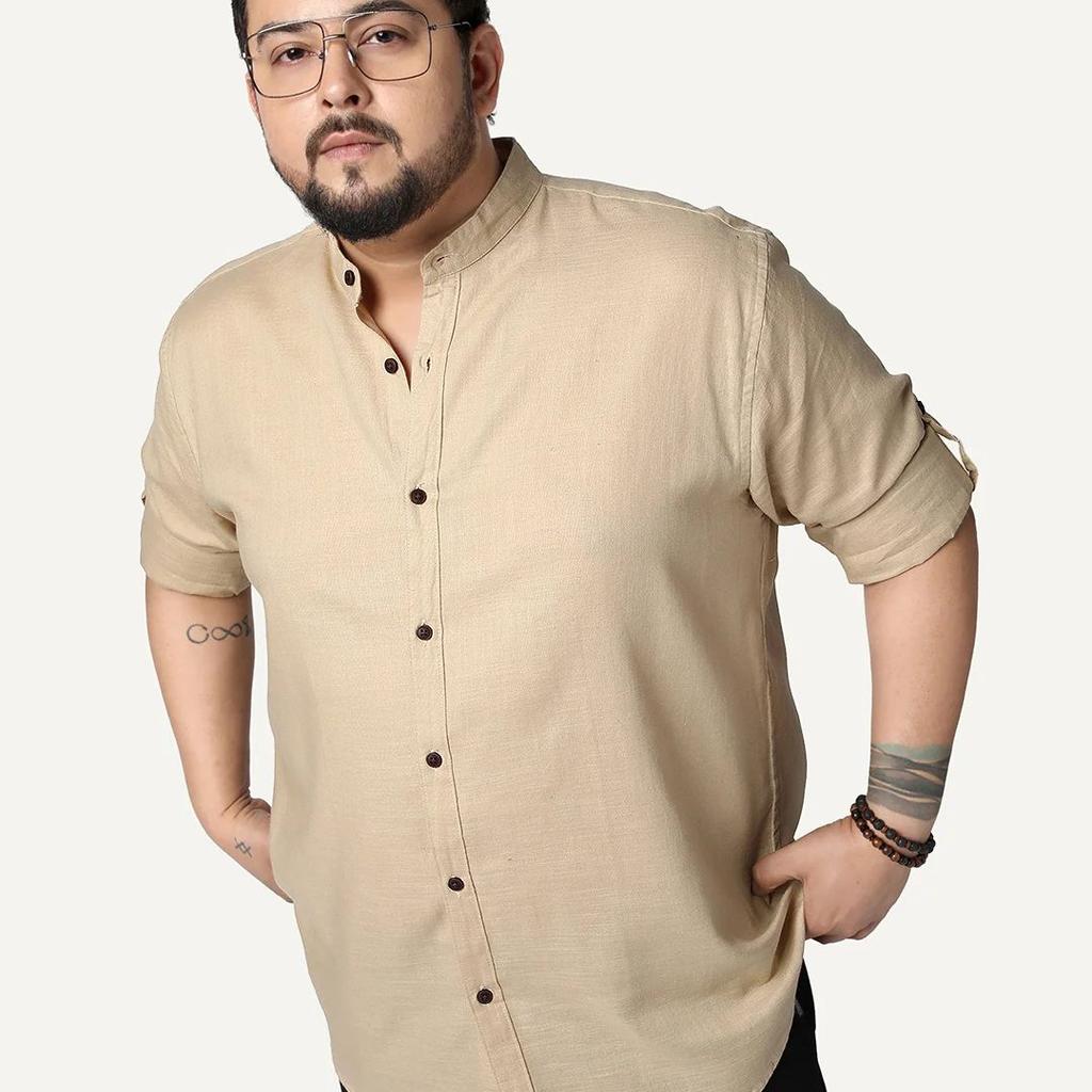 Plus Men's Beige Linen Blend Full Sleeve Relaxed Fit Mandarin Collar Casual Solid Shirt