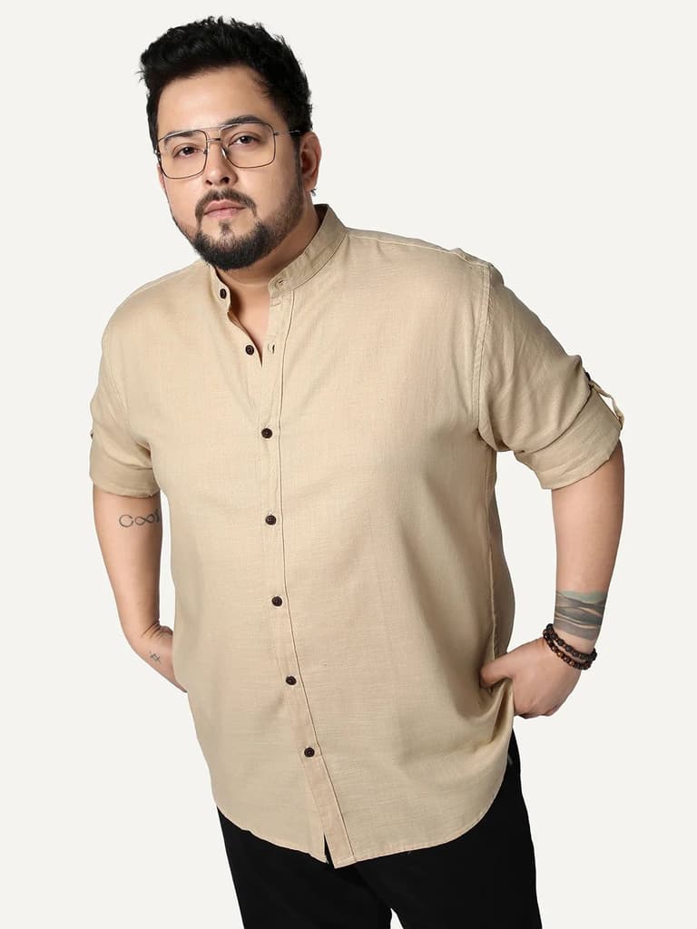 Plus Men's Beige Linen Blend Full Sleeve Relaxed Fit Mandarin Collar Casual Solid Shirt — 2XL / Beige