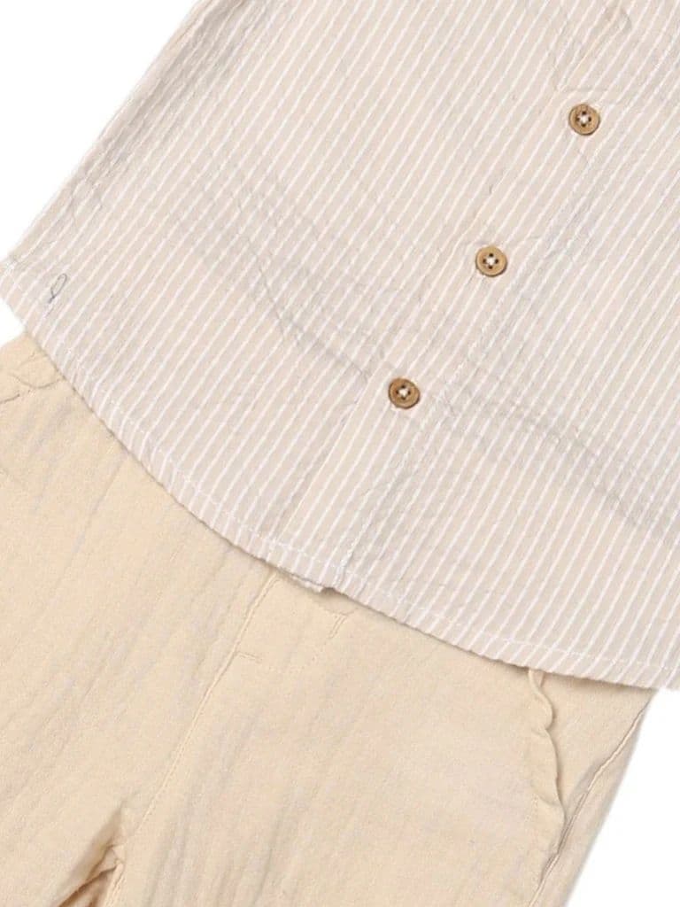 HOP Baby Boys Beige Striped Cotton Shirt and Pants Set — photo 4