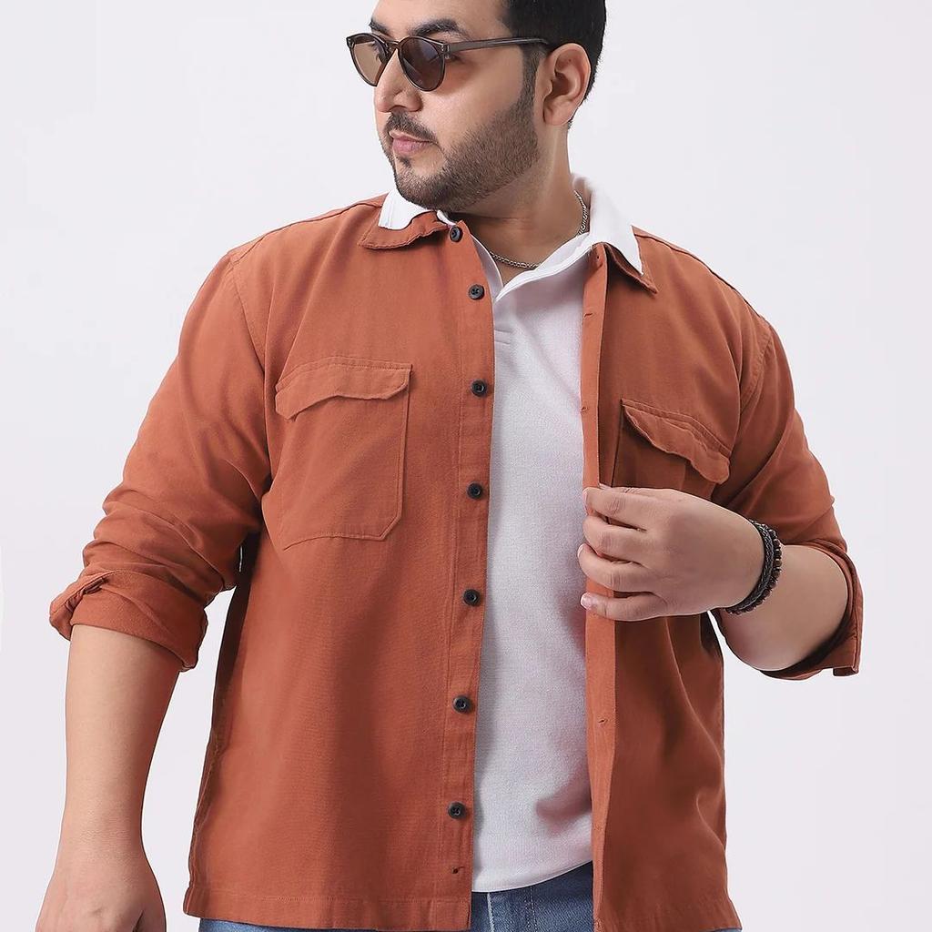 Plus Men's Rust Cotton Full Sleeve Relaxed Fit Shacket with Utility Pockets