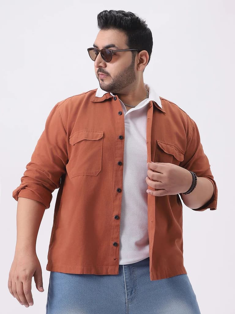 Plus Men's Rust Cotton Full Sleeve Relaxed Fit Shacket with Utility Pockets — XXL / Rust