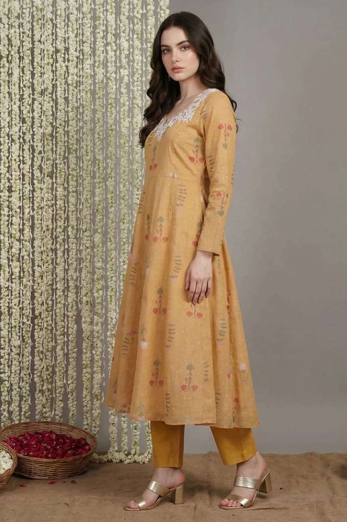 Yellow Floral Printed Anarkali Kurta with Straight Pant and Dupatta Set — photo 3