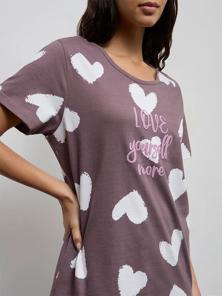 Wunderlove Brown Heart Printed Cotton T-Shirt with Pant Set — photo 3