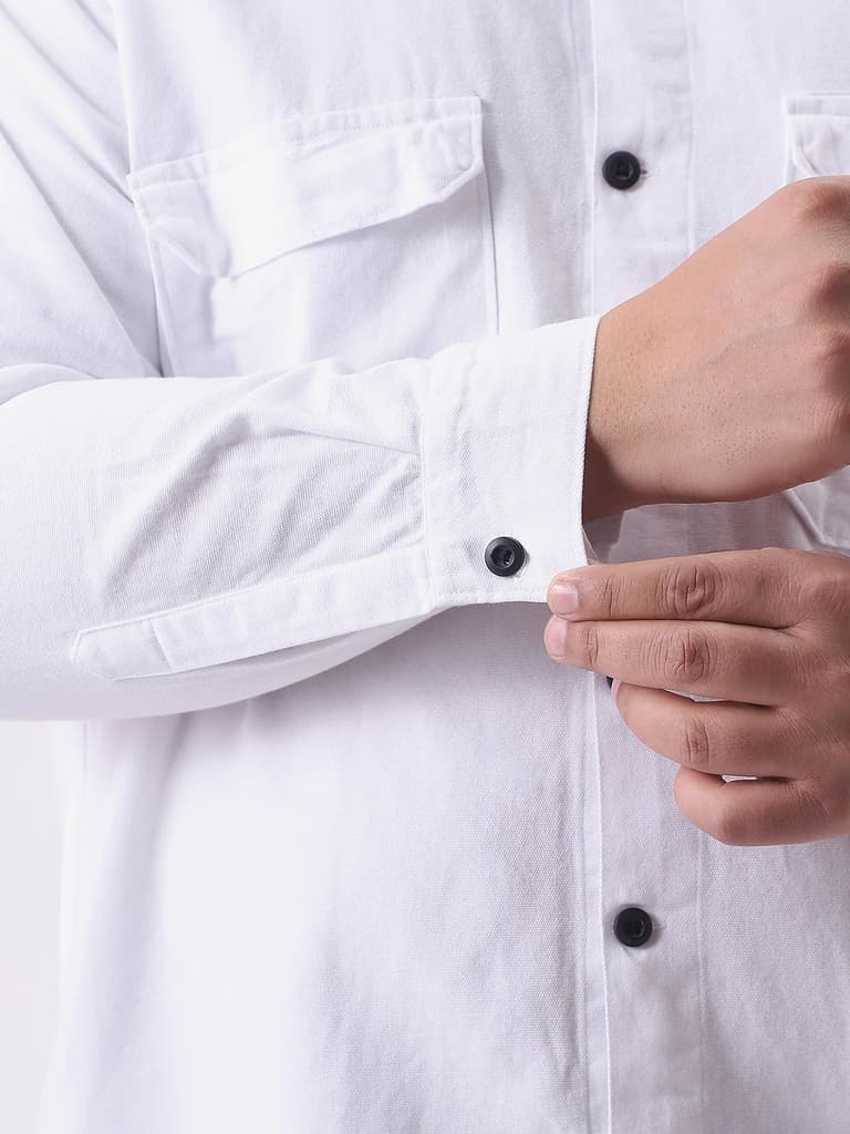 Plus Men's White Cotton Full Sleeve Relaxed Fit Shacket with Utility Pockets — photo 6