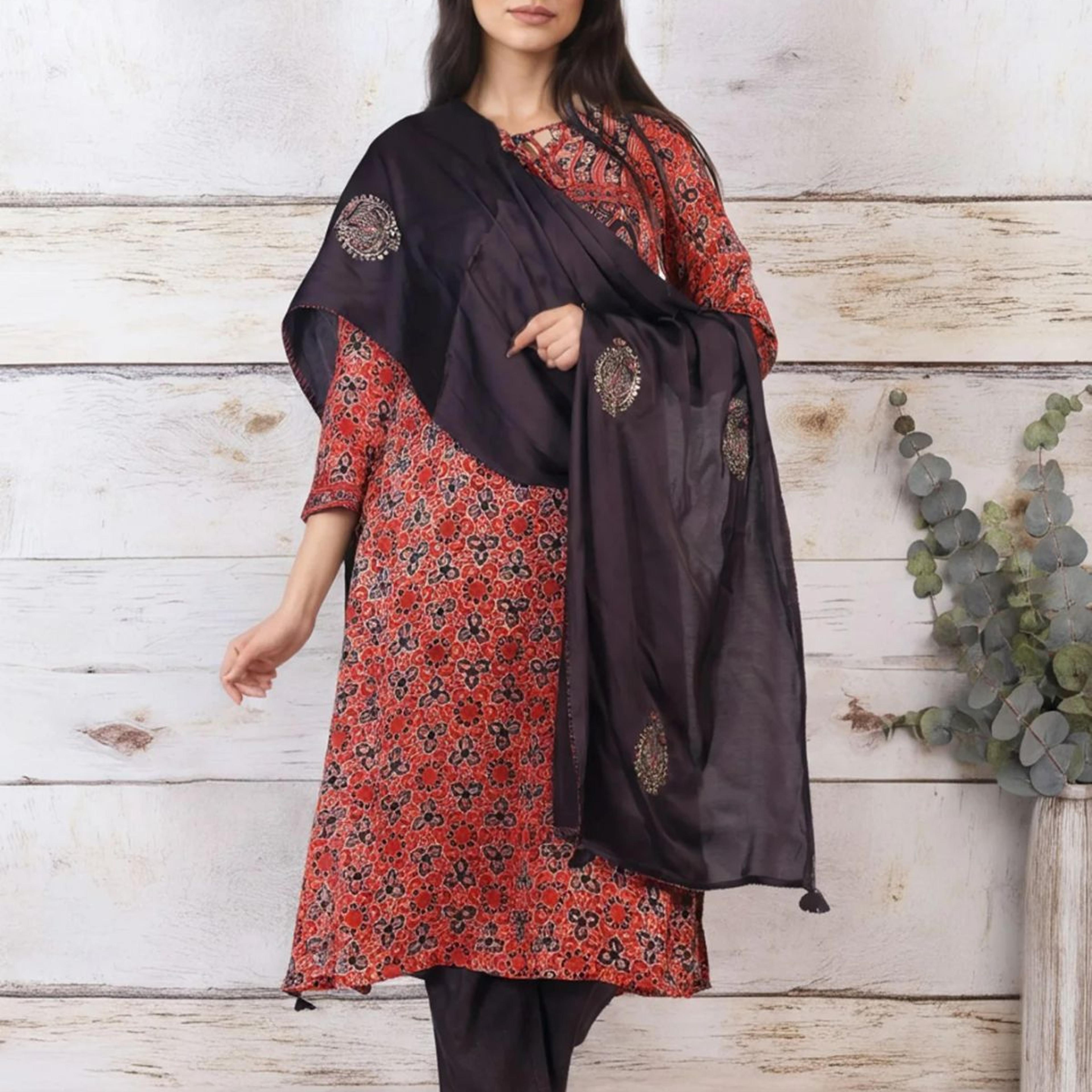 Maroon Embroidered Satin Dupatta