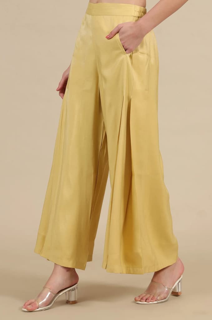 Yellow Solid Flared Rayon Palazzo With Pleats — photo 2