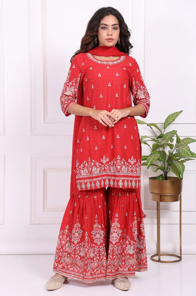 Red Floral Printed Embroidered Straight Cotton Kurta with Sharara and Dupatta Set — photo 2