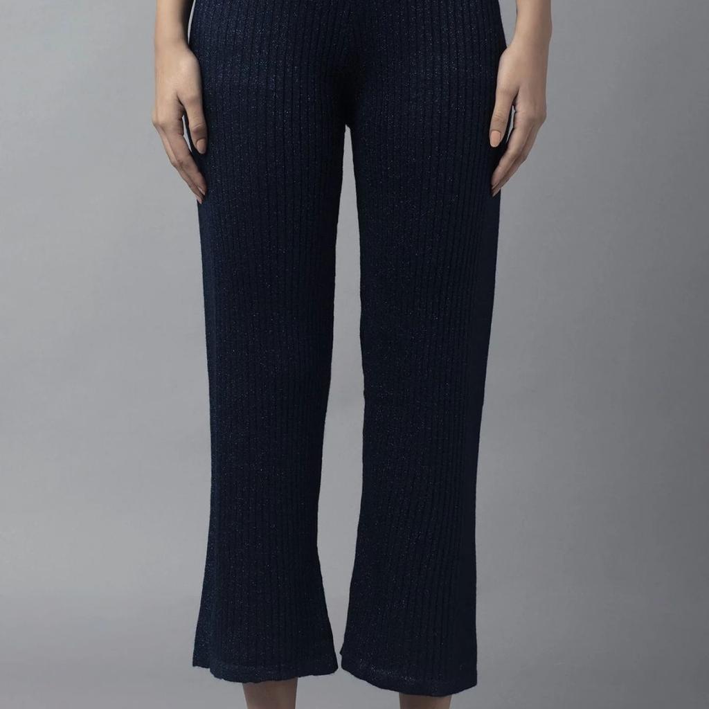 Navy Blue Solid Boot Cut Acrylic Palazzo With Elasticated Waist