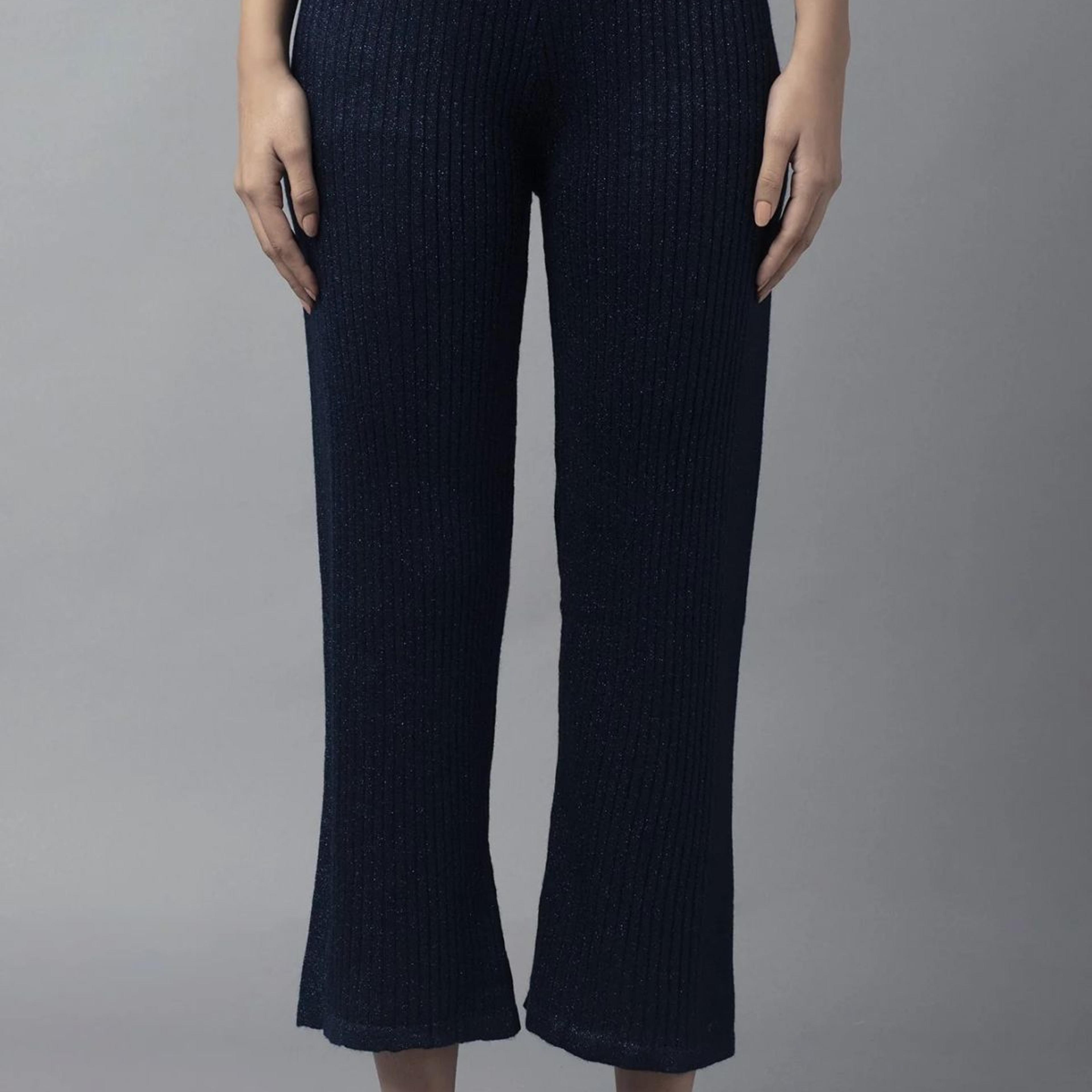 Navy Blue Solid Boot Cut Acrylic Palazzo With Elasticated Waist