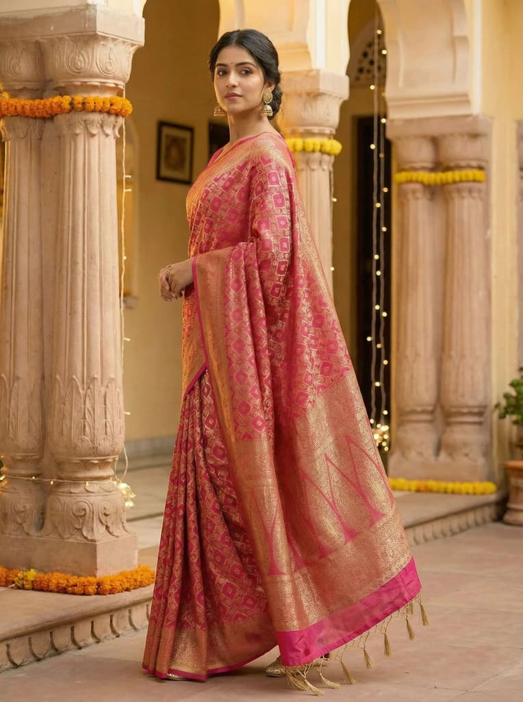 MIMOSA Women's Woven Design Banarasi Style Raw Silk Saree with Blouse Piece - Rani ( SA00003131RNFREE ) — photo 3