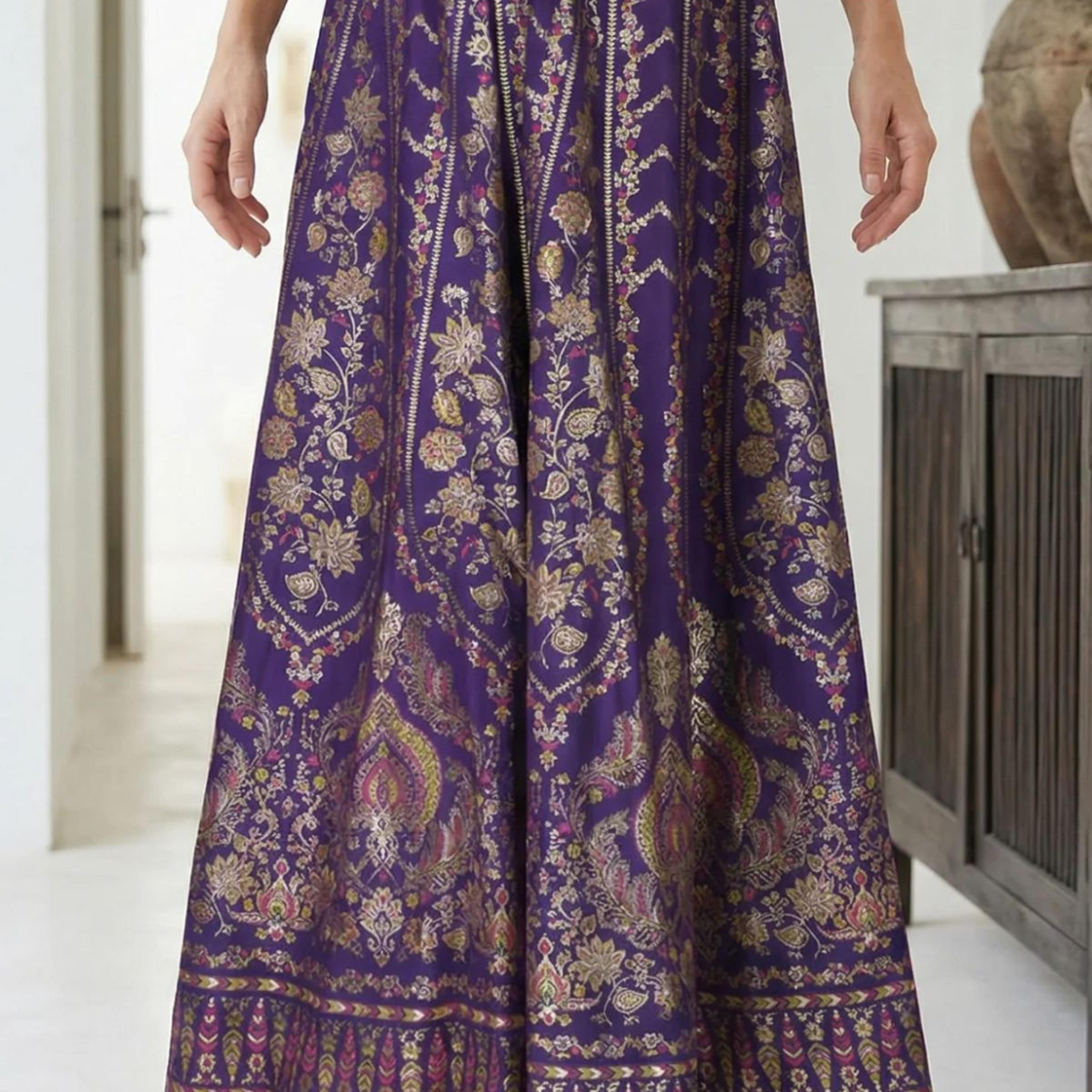 Purple Ethnic Motifs Crepe Wide Leg Ankle Length Skirt