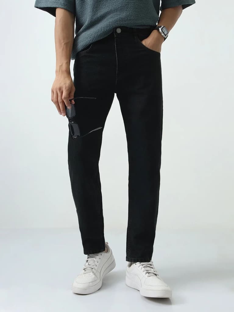 Men's Black Slim Fit Washed Denim Jeans Stretchable — 28 / Black