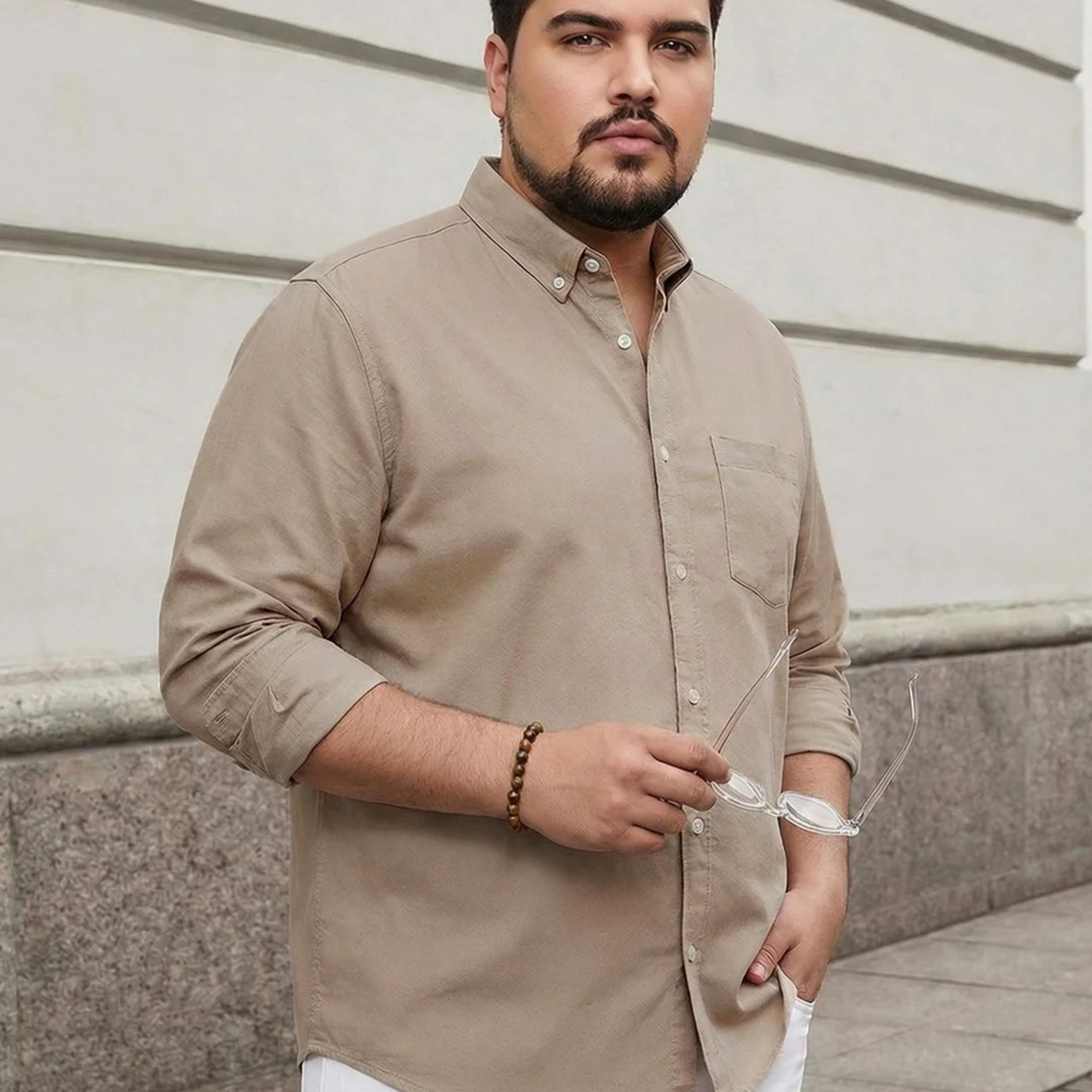 Plus Men's Khaki Cotton Full Sleeve Regular Fit Solid Oxford Shirt With Button-Down Collar