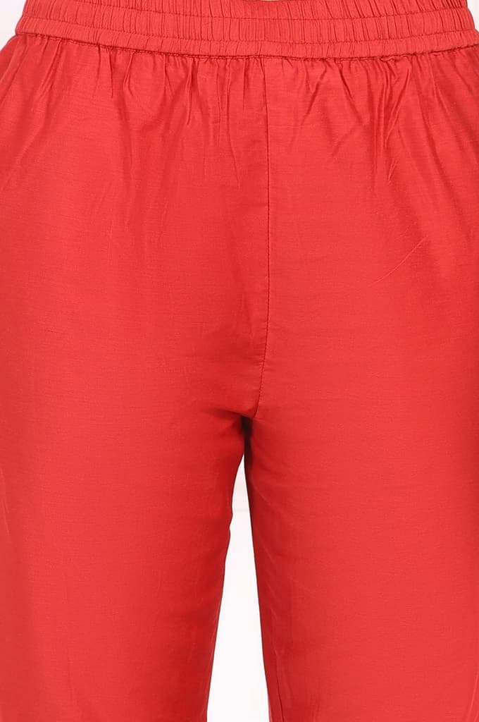 Red Solid Embroidered Straight Kurta and Straight Pants Set — photo 8