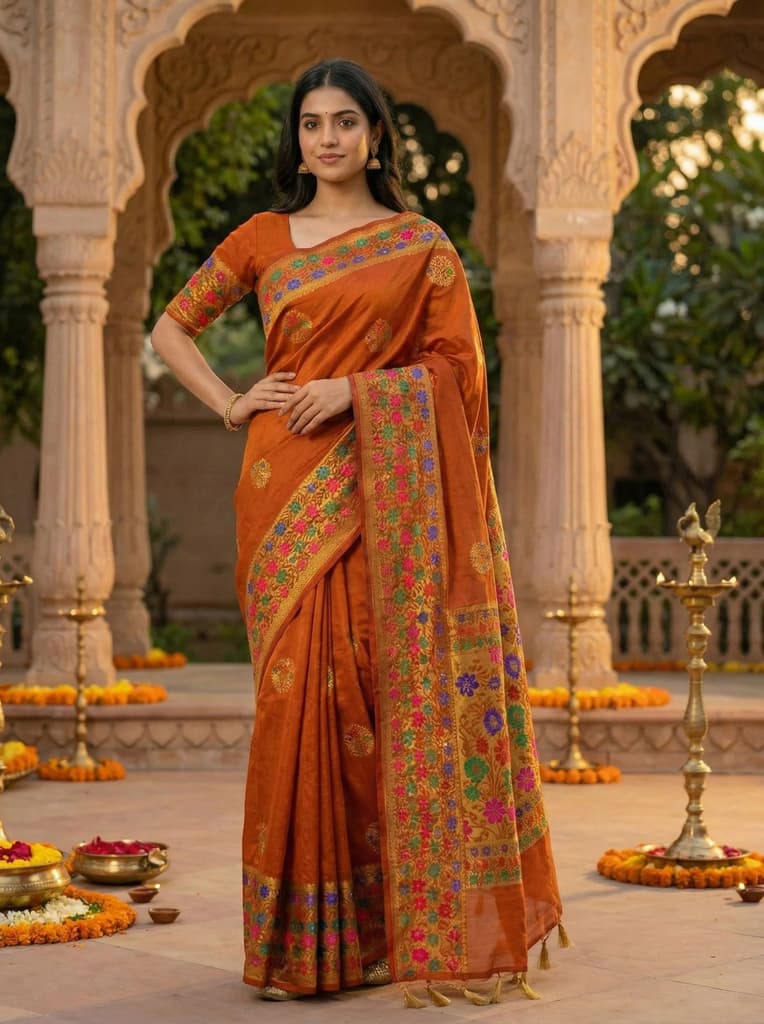 MIMOSA Women's Woven Design Paithani Style Raw Silk Saree with Blouse Piece - Rust ( SA00003127RSFREE ) — photo 2