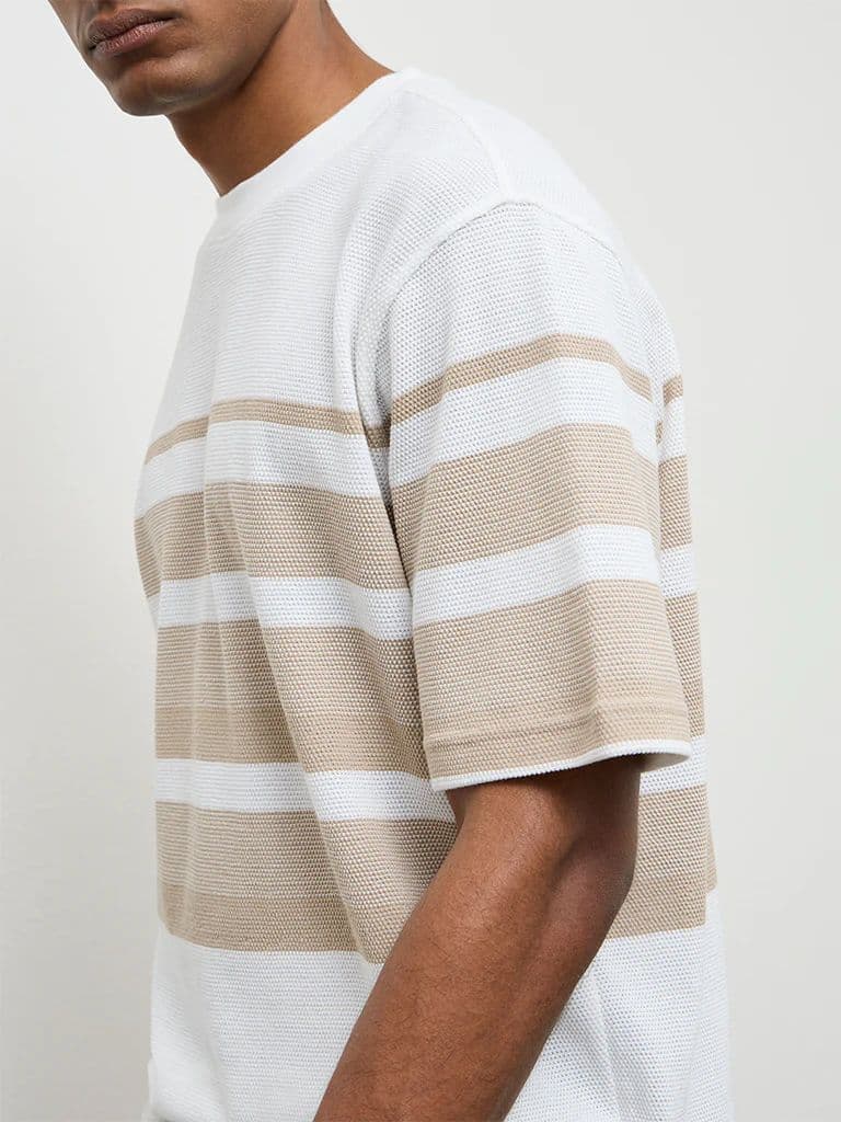 WES Lounge Beige Striped Relaxed-Fit Cotton T-Shirt — photo 3
