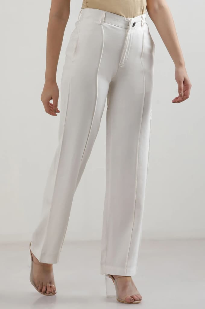 White Solid Straight Fit Rayon Pants — photo 5