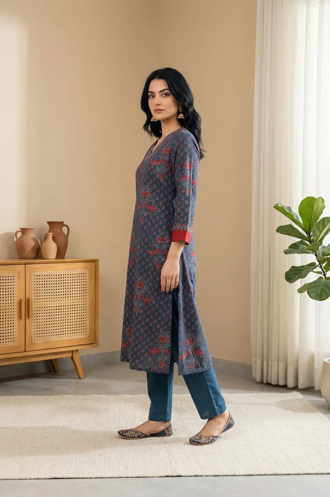 Blue Floral Printed Crepe Straight Kurta with Pants and Dupatta Set — photo 4