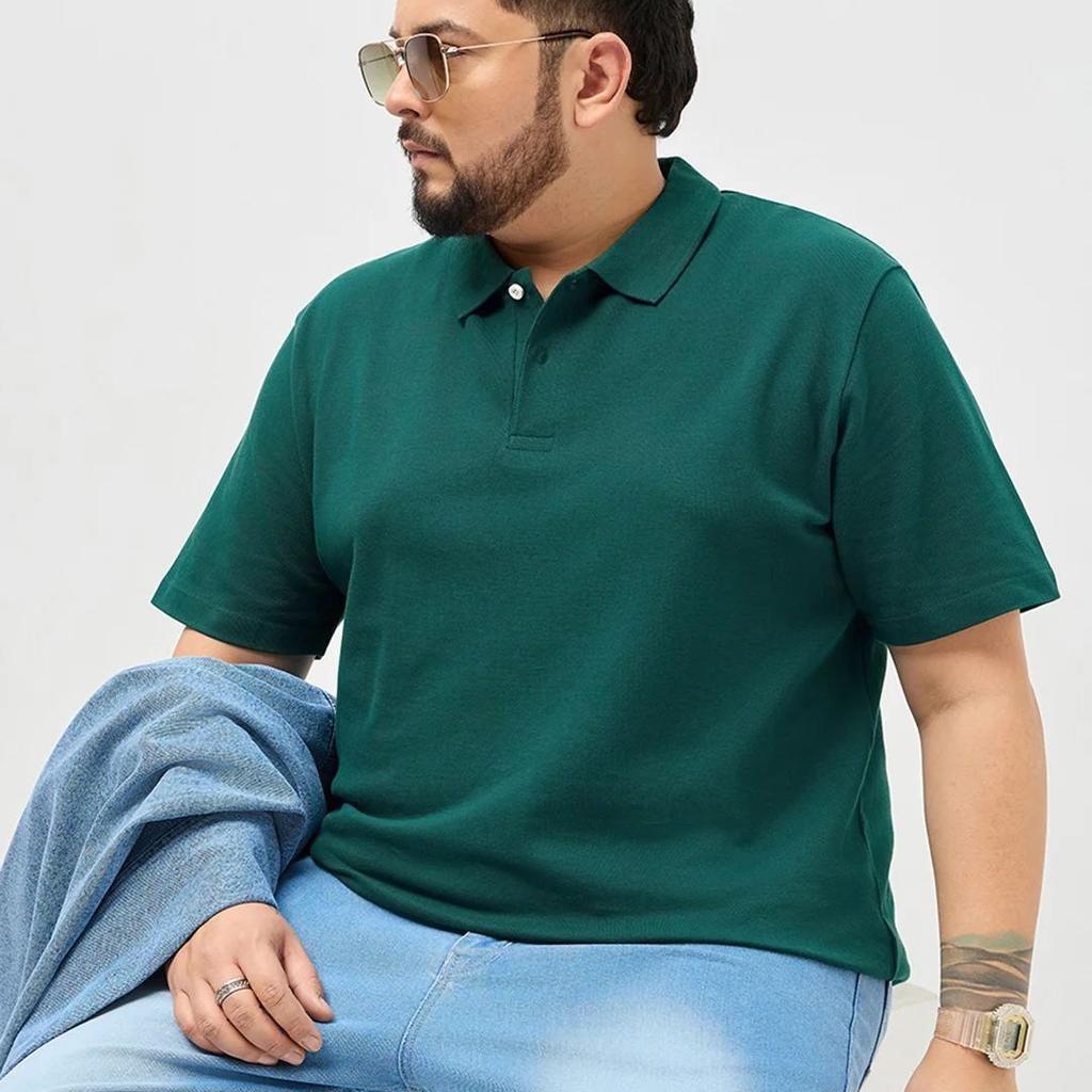 Plus Men's Teal Green Solid Regular Fit Half Sleeve Cotton Polo T-Shirt