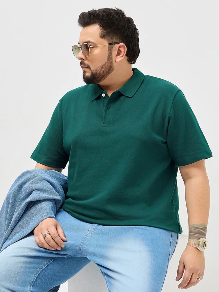 Plus Men's Teal Green Solid Regular Fit Half Sleeve Cotton Polo T-Shirt — 2XL / Teal Green