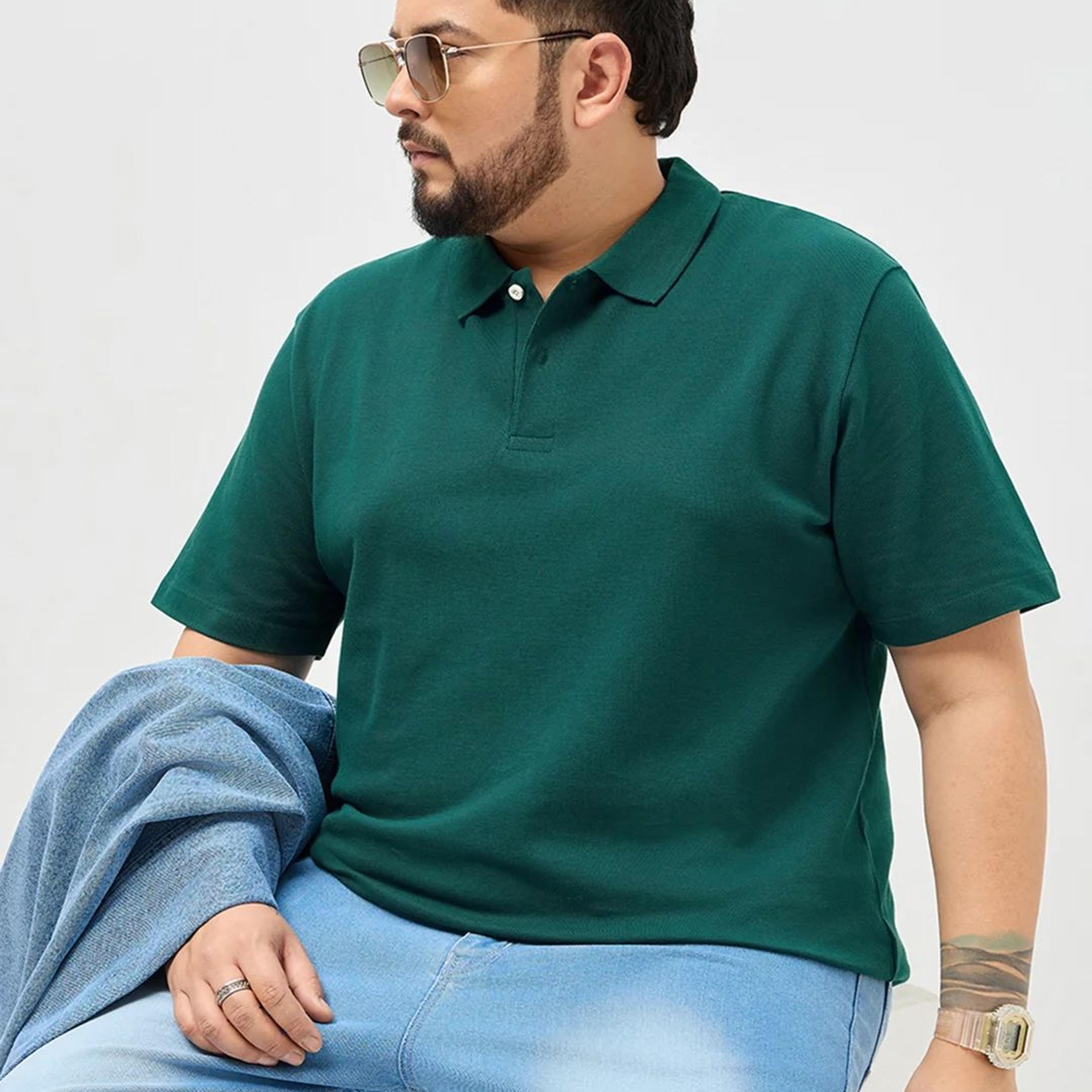 Plus Men's Teal Green Solid Regular Fit Half Sleeve Cotton Polo T-Shirt