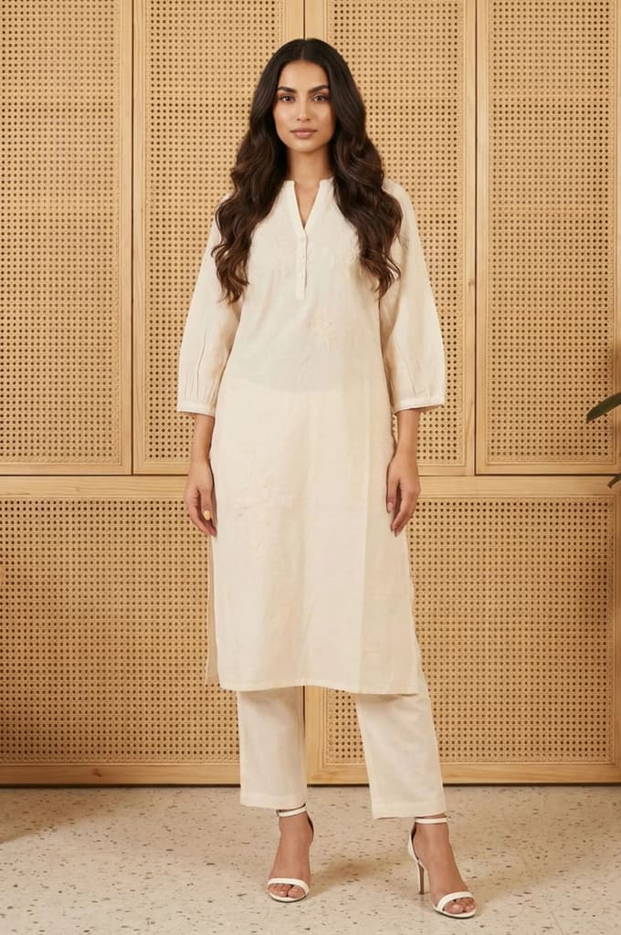 Off White Embroidered Rayon Straight Kurta and Pants Set — XS