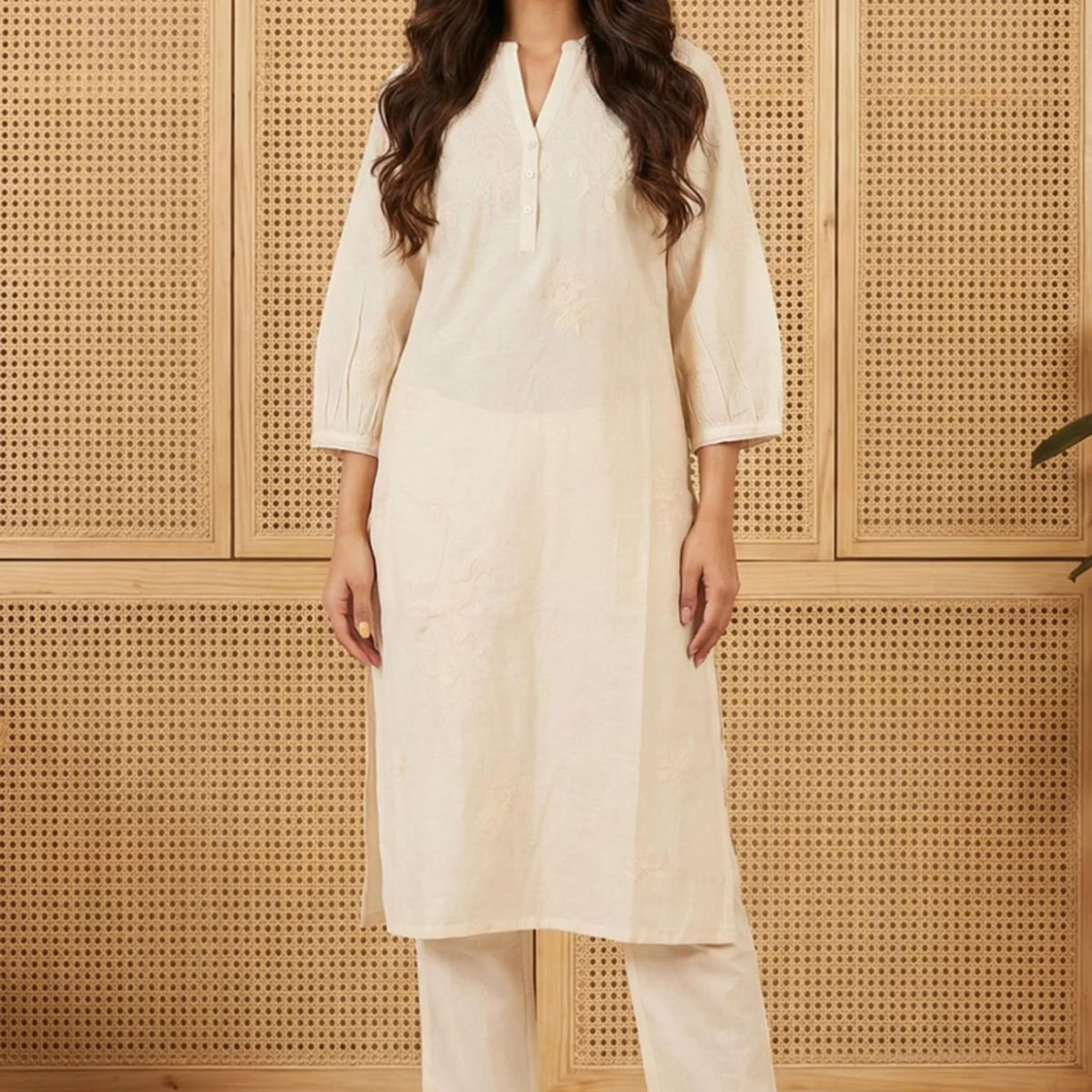 Off White Embroidered Rayon Straight Kurta and Pants Set