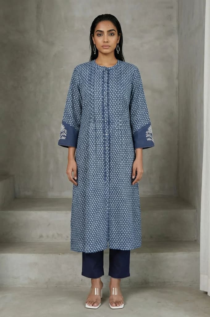 Blue Floral Thread Embroidered Pure Cotton Straight Kurta — photo 2