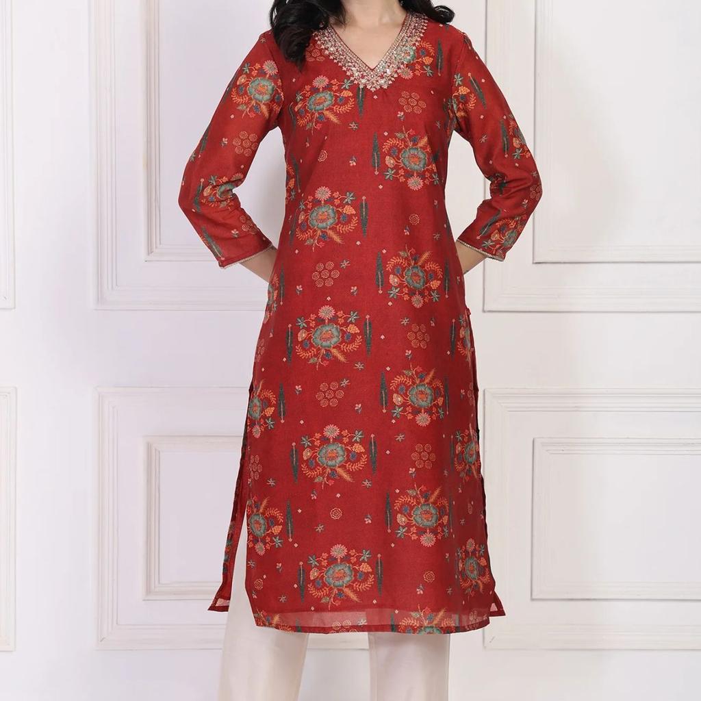 Red Floral Printed Sequined Straight Kurta