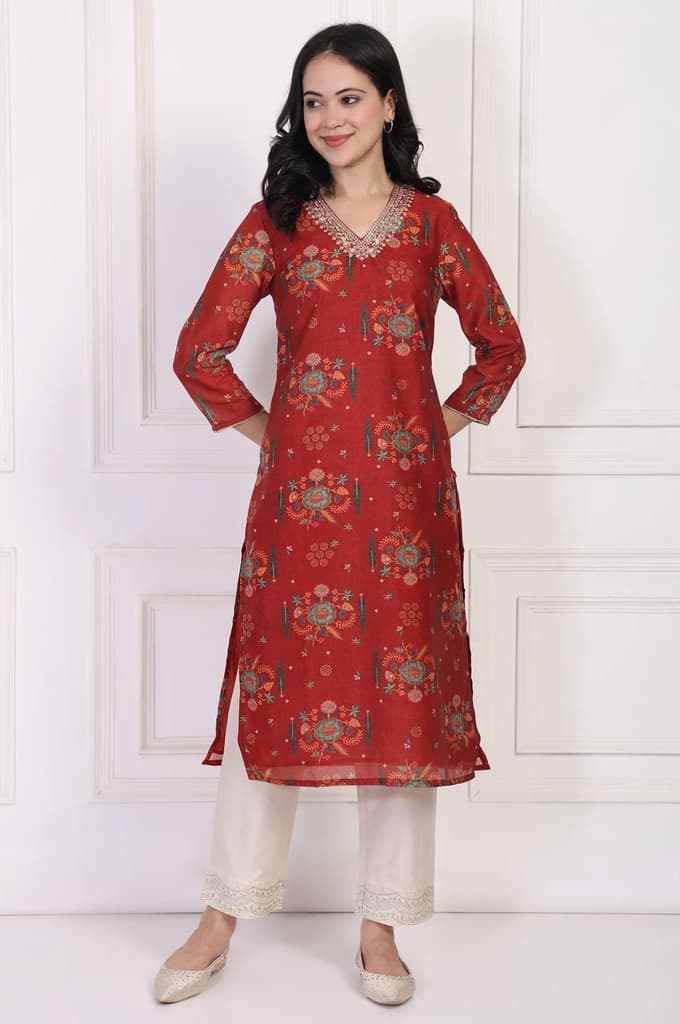 Red Floral Printed Sequined Straight Kurta — XS