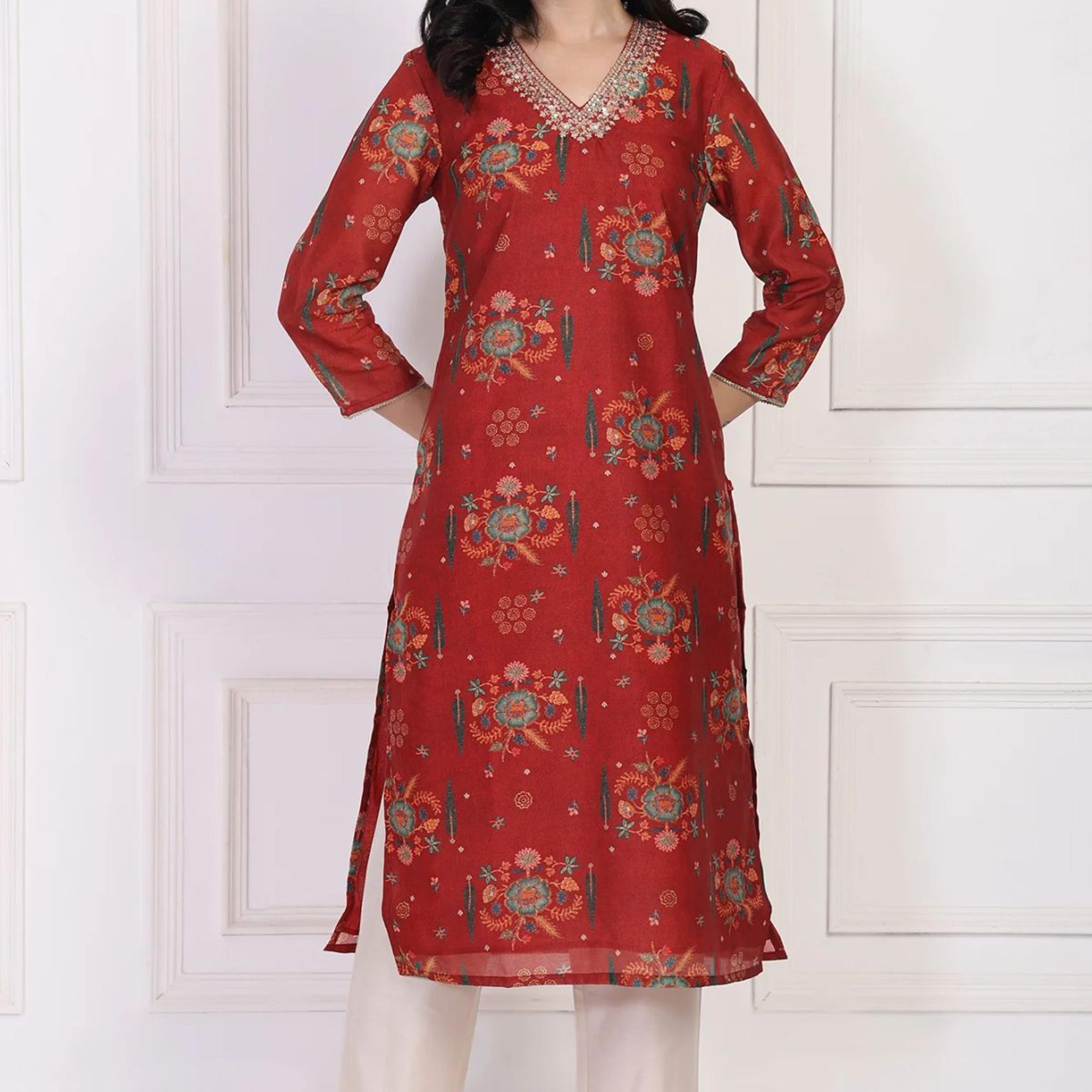 Red Floral Printed Sequined Straight Kurta