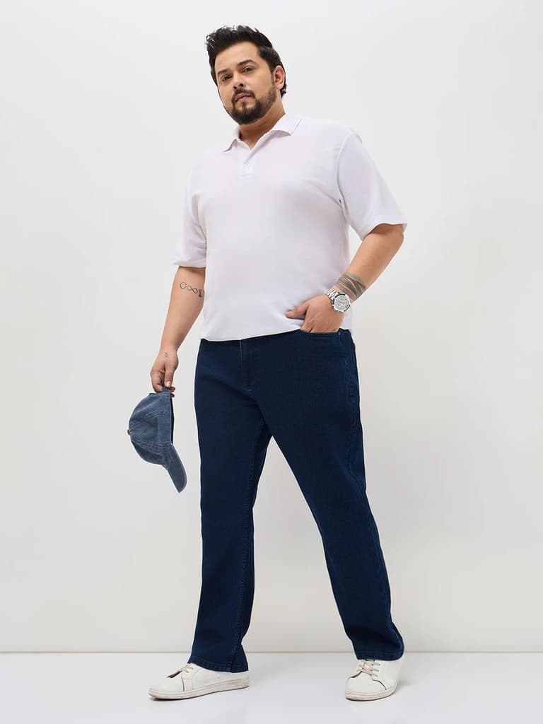 Plus Men's Blue Straight Fit Raw Washed Denim Jeans Stretchable — photo 4
