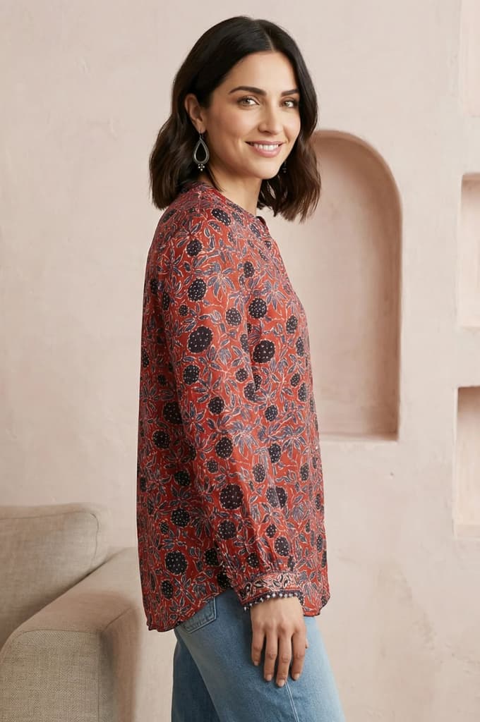 Red Ajrak Printed Modal Satin Straight Top — photo 6