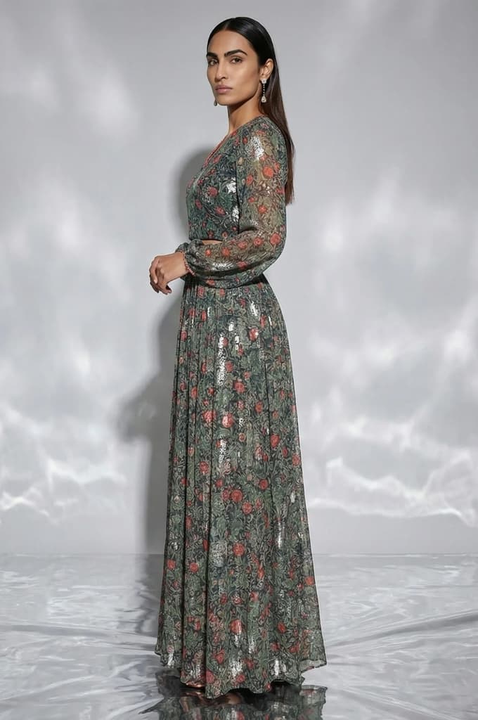Navy Blue Foil Printed Floral Chiffon Crop Top with Skirt Set — photo 4