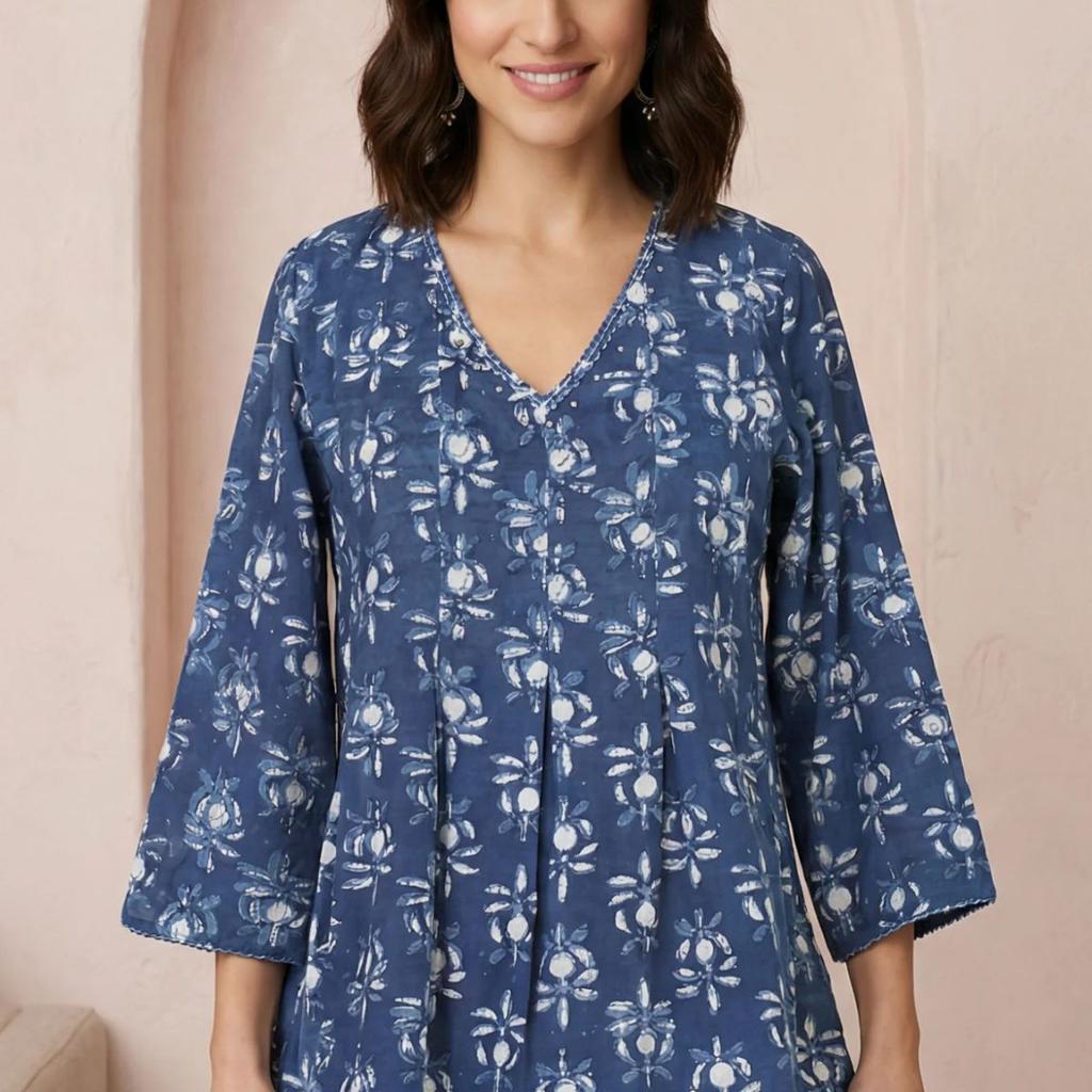 Blue Floral Block Printed Pure Cotton A-line Top