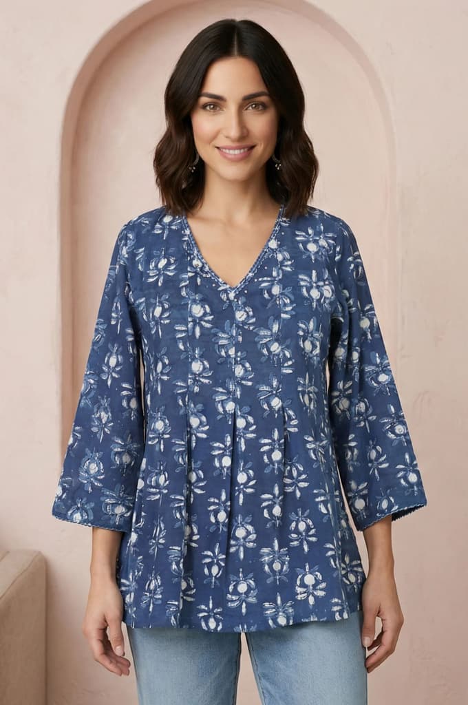 Blue Floral Block Printed Pure Cotton A-line Top
