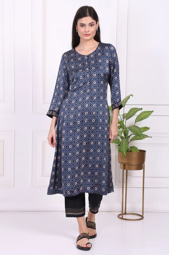 Navy Blue Geometric Printed Embroidered Modal Satin Straight Kurta — photo 2