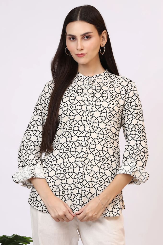 White Geometric Printed Button Down Rayon Shirt — photo 2