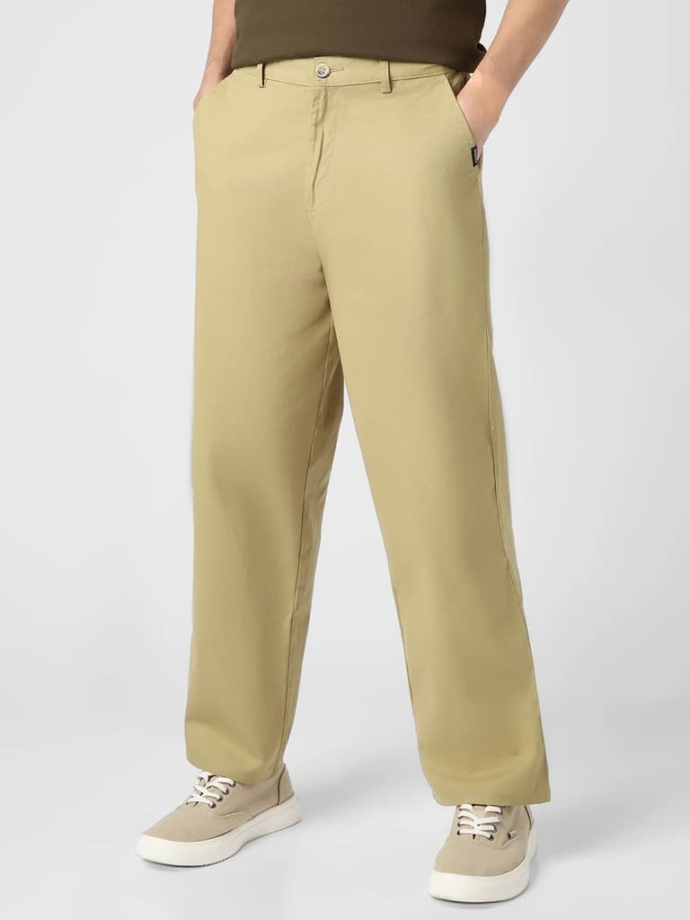 Men's Light Olive Loose Baggy Fit Solid Chino Trousers Non-Stretchable — photo 2