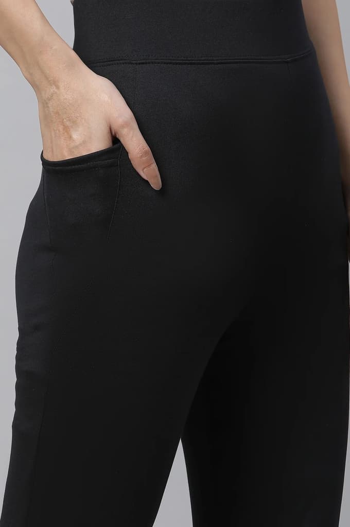 Black Solid Skinny Fit Yoga Tights With Drawstring — photo 7