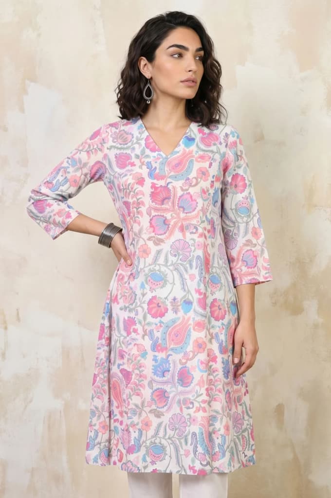 White Floral Printed Pure Cotton Straight Kurta — photo 2