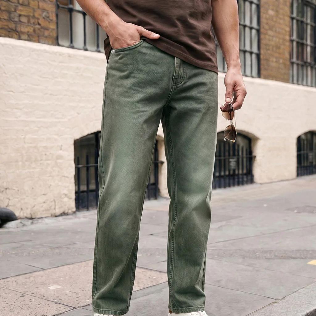 Men's Olive Relaxed Fit Washed Denim Jeans Non-Stretchable
