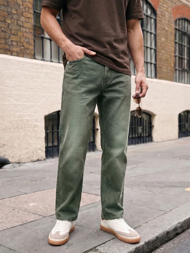 Men's Olive Relaxed Fit Washed Denim Jeans Non-Stretchable — 28 / Olive
