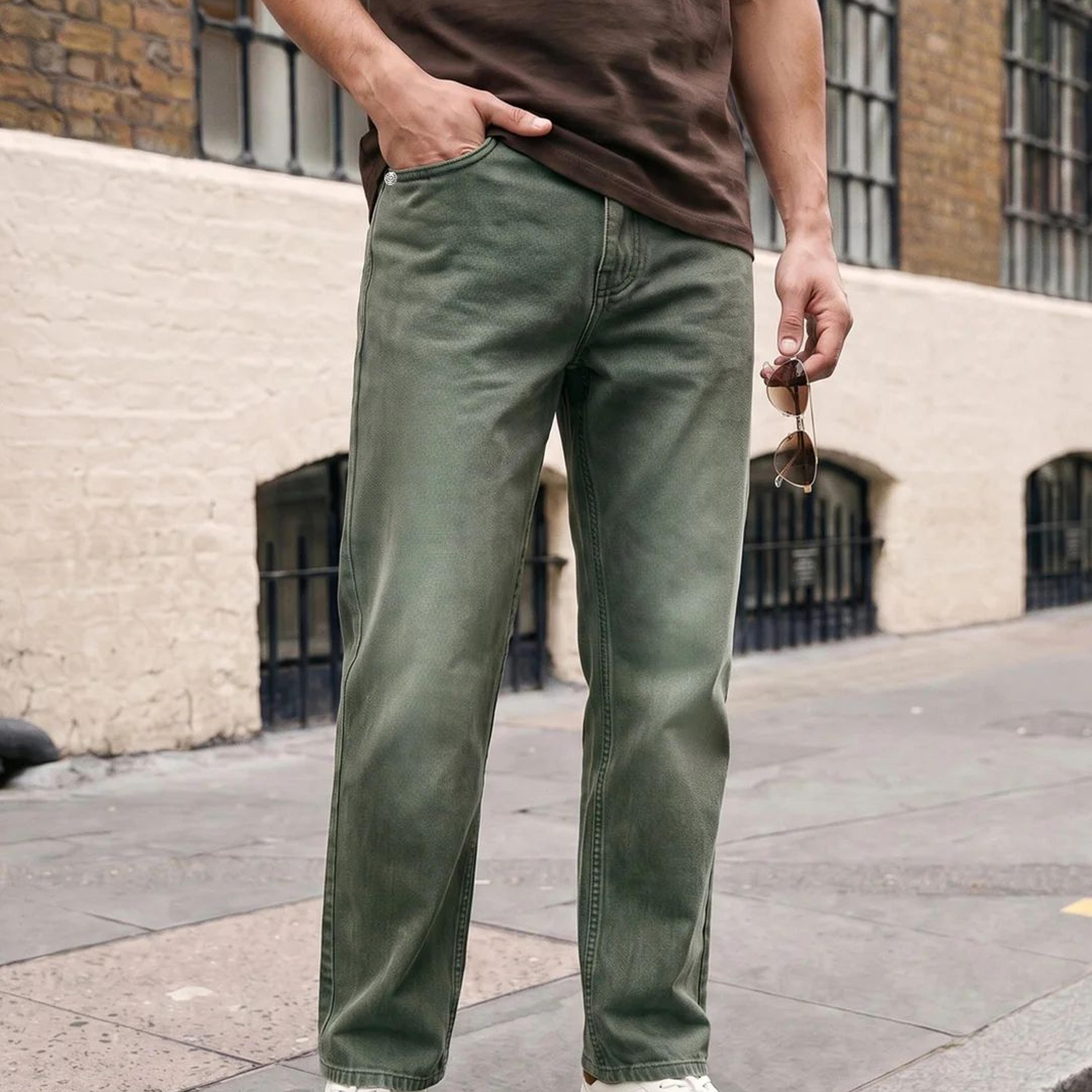 Men's Olive Relaxed Fit Washed Denim Jeans Non-Stretchable
