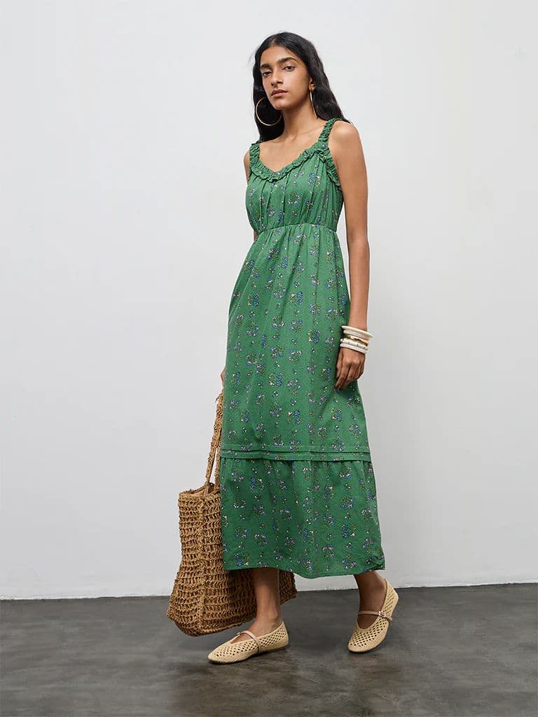 Bombay Paisley Green Floral Design Cotton A-Line Dress — photo 2