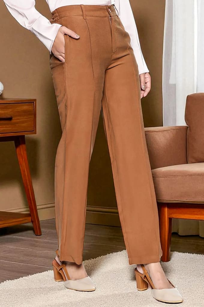 Brown Solid Korean Rayon Formal Parallel Pants with YKK Zipper — photo 4