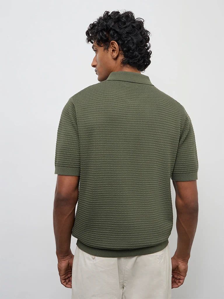 Ascot Olive Knit-Textured Relaxed-Fit Cotton T-Shirt — photo 5