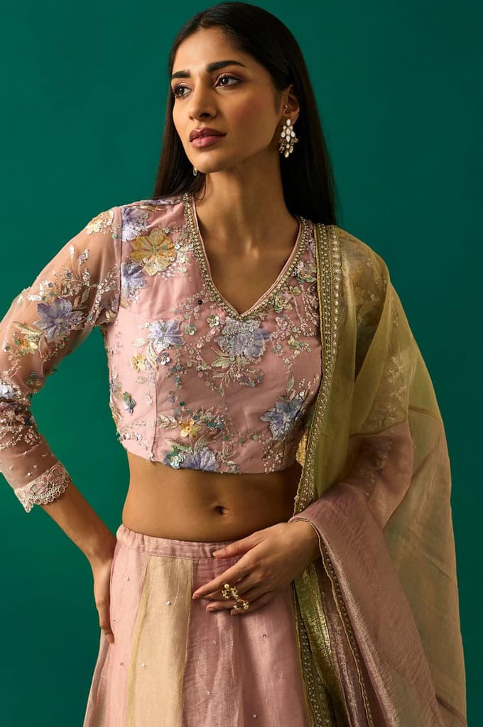 Pink Embroidered Tissue Blouse with Skirt and Dupatta Set — photo 2